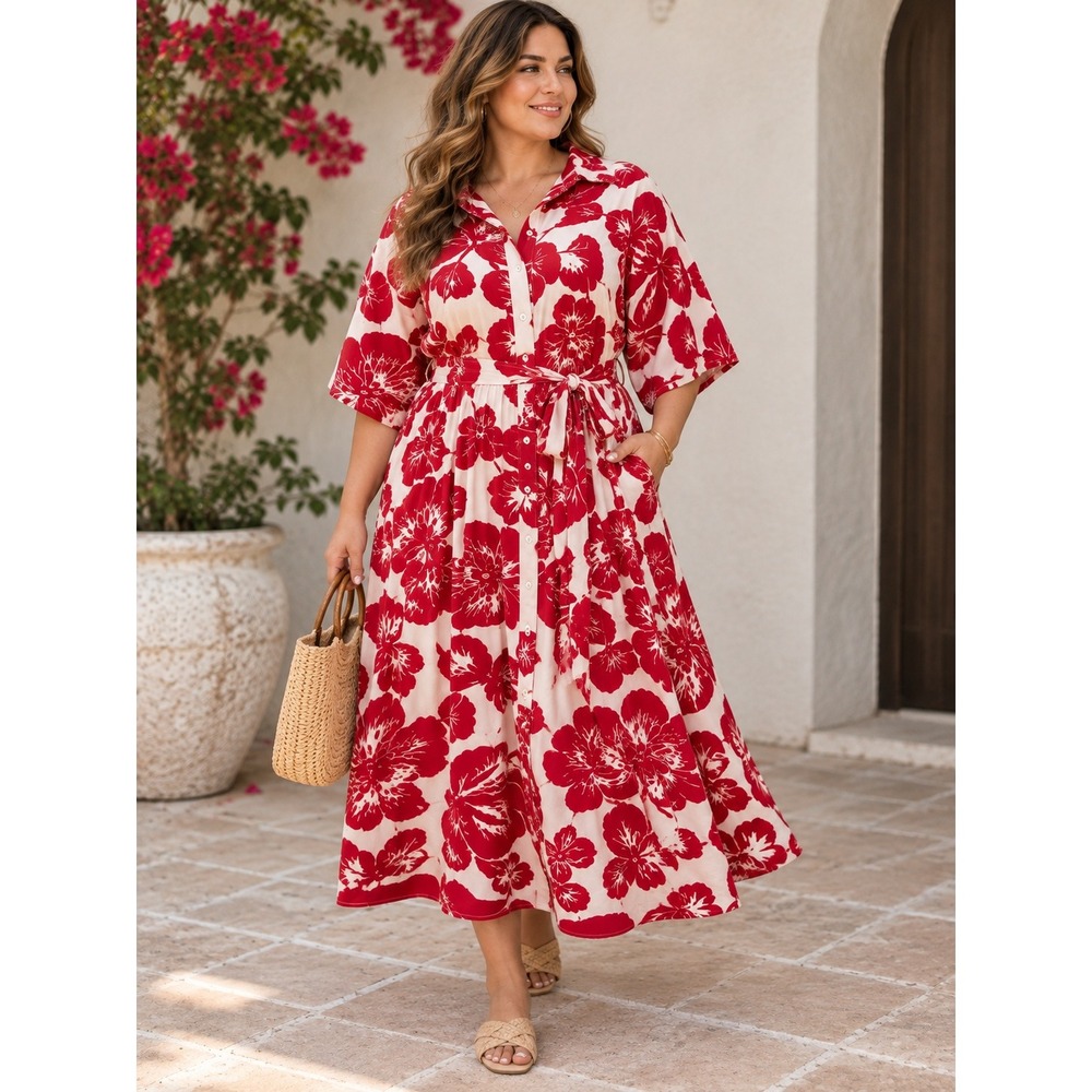 H&M Shirt Dress Womens 4XL Red White Viscose Floral Button Front Tie Waist Midi